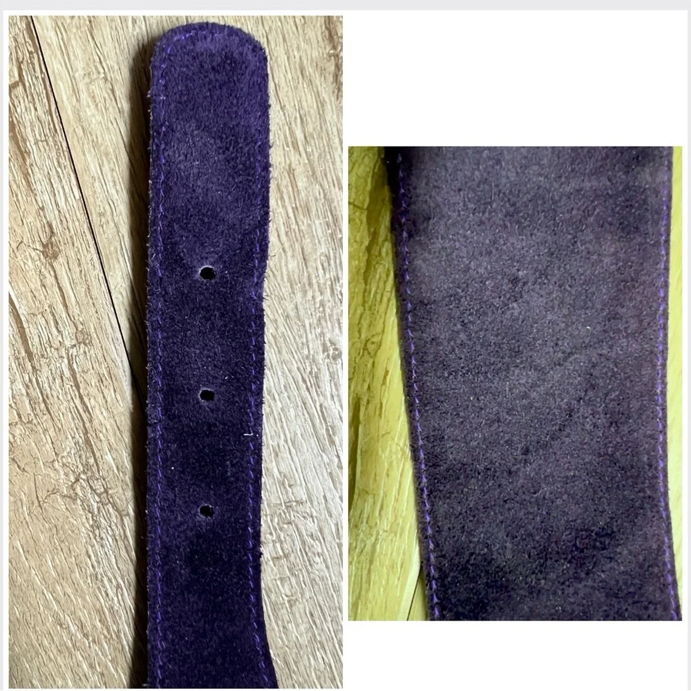 🎁 Vintage Leather Belt 1983 French | Deep Purple Suede | Asymmetrical Detail New - Picture 6 of 16
